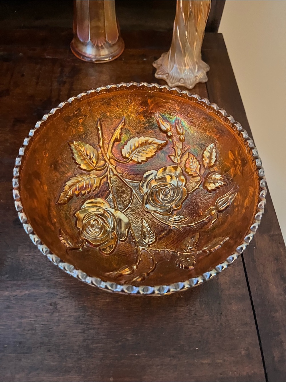 Vintage Fenton Iridescent Amber Carnival Glass Rose Bowl